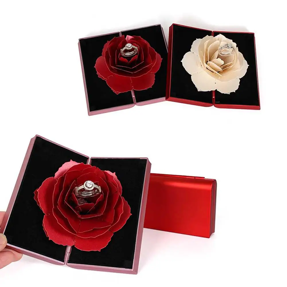

3D Up Pink Red Rose Flower Ring Box Wedding Engagement Earring Jewelry Storage Display Organziers Folding Rotating Holder Case