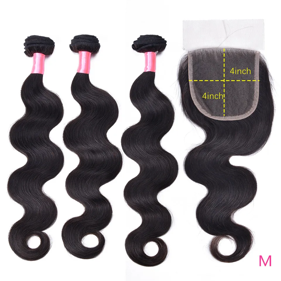 USEXY HAIR Body Wave 3 Bundles With Closure Brazilian Hair Weave Bundles Narural Color 8＂-26＂ Middle Ratio Non-Remy Hair