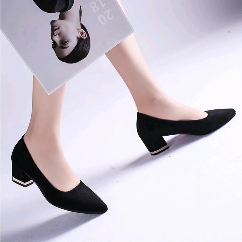 

Big Size Woman Pumps Square Heels Dress Shoes Faux Suede Office Work Shoes Pointed Toe Basic Pumps Black Boat Shoes N7889C