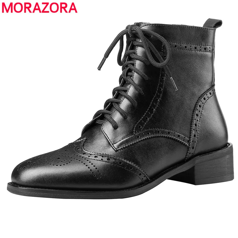 MORAZORA/Новинка 2020 года Брендовые однотонные женские ботинки из натуральной кожи на