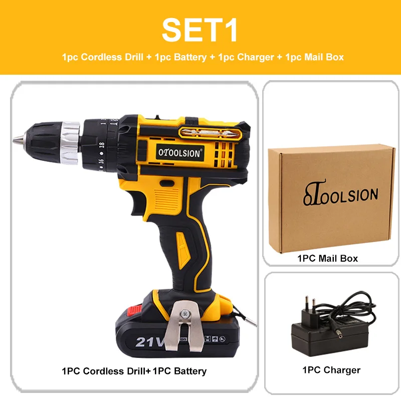 SET1 (1pc battery) Переменная скорость 21 в ударная Электрическая Дрель ударная отвертка дрель Ударный Молоток Аккумуляторная дрель беспроводной инструмент многофункциональная сумка - Цвет: SET1 (1pc battery)