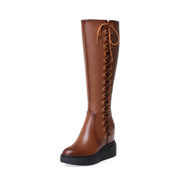 brown MEMUNIA/ г., женские сапоги до колена зимние сапоги из натуральной кожи и pu искусственной кожи на молнии на шнуровке модная женская обувь на танкетке и платформе - Цвет: brown