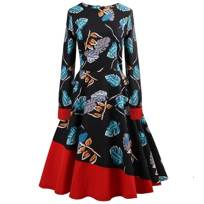 Long Sleeve Spring Autumn Winter Dress Floral Lemon Print Patchwork Black Blue White Swing Retro 50s Vintage Dresses | Женская одежда