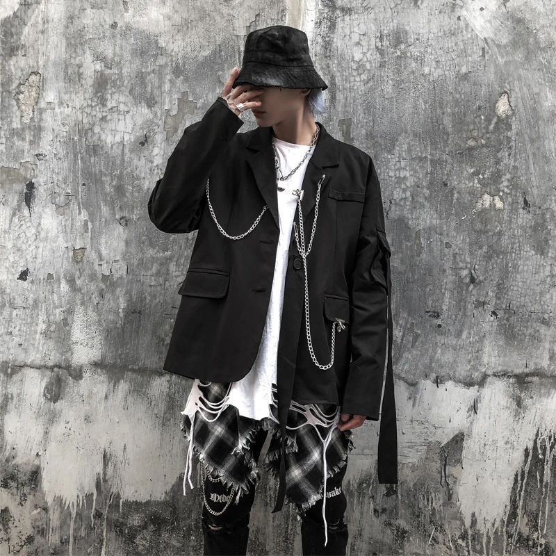 

Autumn Streetwear Hip Hop Jacket Men's Fashion Solid Color Casual Loose Chain Jackets Men Bomber Jacket Mens Wild Suit Jacket