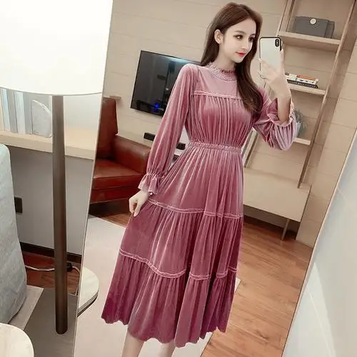 Свободные осенние золотые бархатные корейские платья с рукавами-воланами, модные повседневные короткие винтажные свободные платья для женщин - Цвет: Розовый