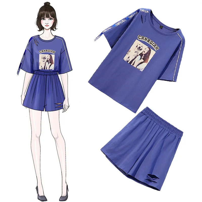 

2019 Summer Wear New Style Large Size Dress Fat Mm Fashion Comfortable with Holes Trend Casual Shorts Two-Piece Set