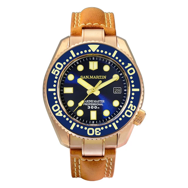 San Martin Diver Watch CuSn8 Bronze MM300 PT5000 Automatic Men Mechanical Watches Leather 300m Water Resistant Luminous Relojes Blue PT5000