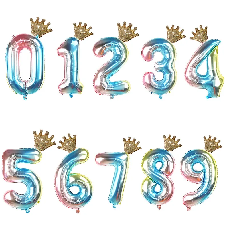 1 Набор радужные переливающиеся цифры Корона Шар С Днем Рождения шар детский душ вечерние украшения Детские праздничные шарики в форме цифр - Цвет: iridescent blue