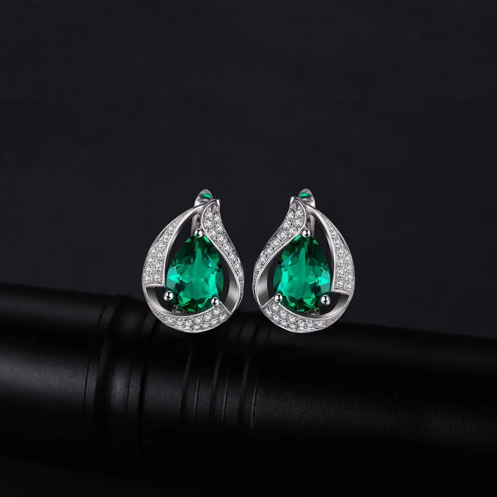 925 Sterling Silver Hoop Clip Earrings For Women Simulated Nano Emerald