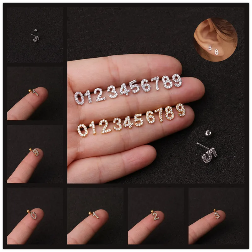 New Cubic Zircon Number Women Earrings Gold Silver Color Personality Studs Party Wedding Girl Jewelry Gifts | Украшения и