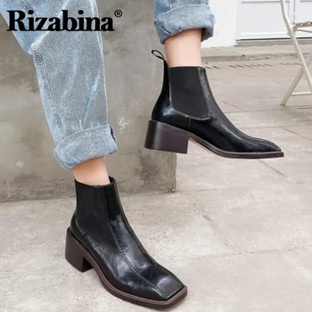 

Rizabina Women Ankle Boots Genuine Leather Square Toe Thick Heel Winter Shoes Woman Short Boot Office Lady Footwear Size 33-40