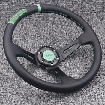 

14inch Green Embroidery Black Genuine Leather Drift Sport Steering Wheels With green Stitching