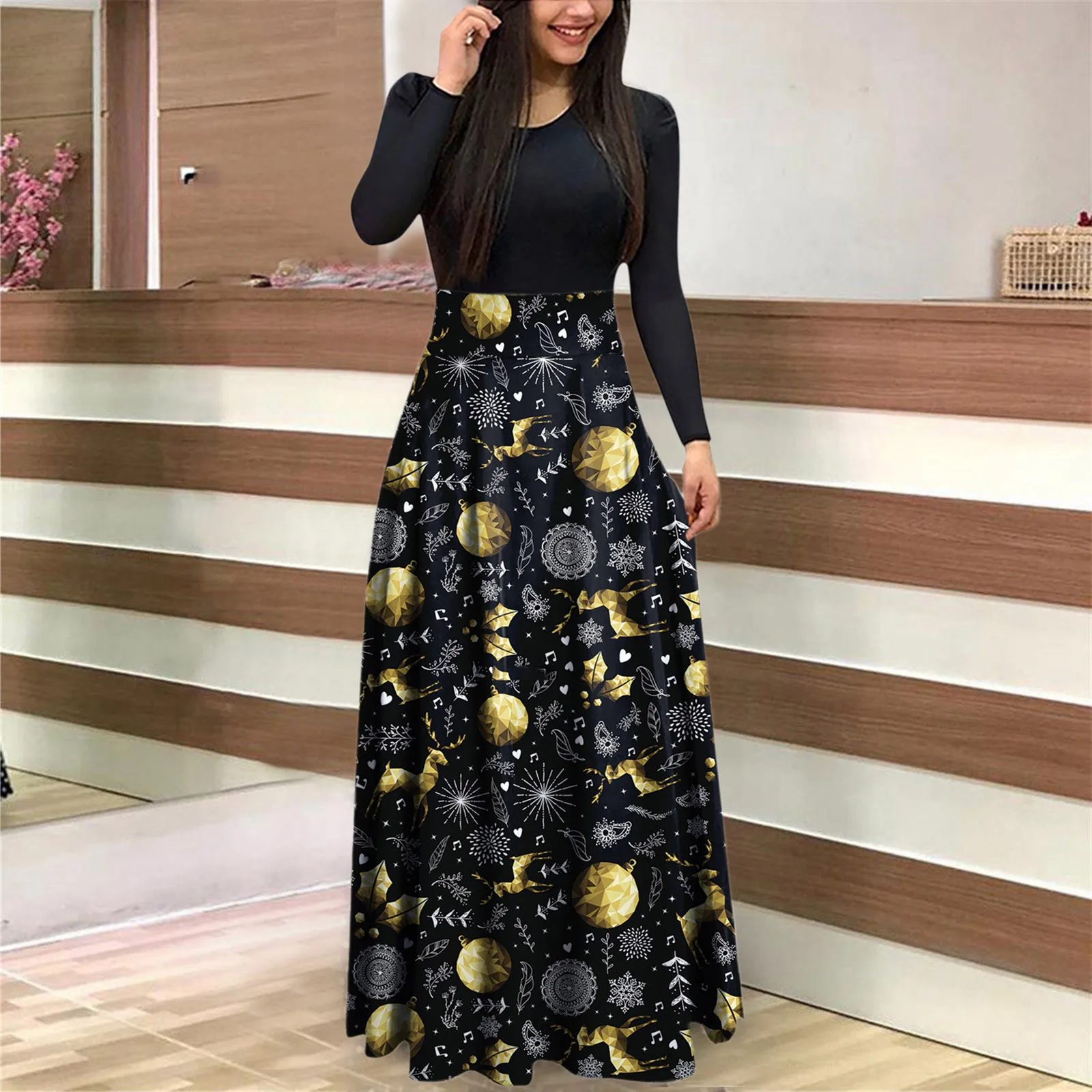 Winter Christmas Dresses Women 50s 60s Vintage Robe Swing Pinup Elegant Party Dress Long Sleeve Casual Plus Size Print Black | Женская