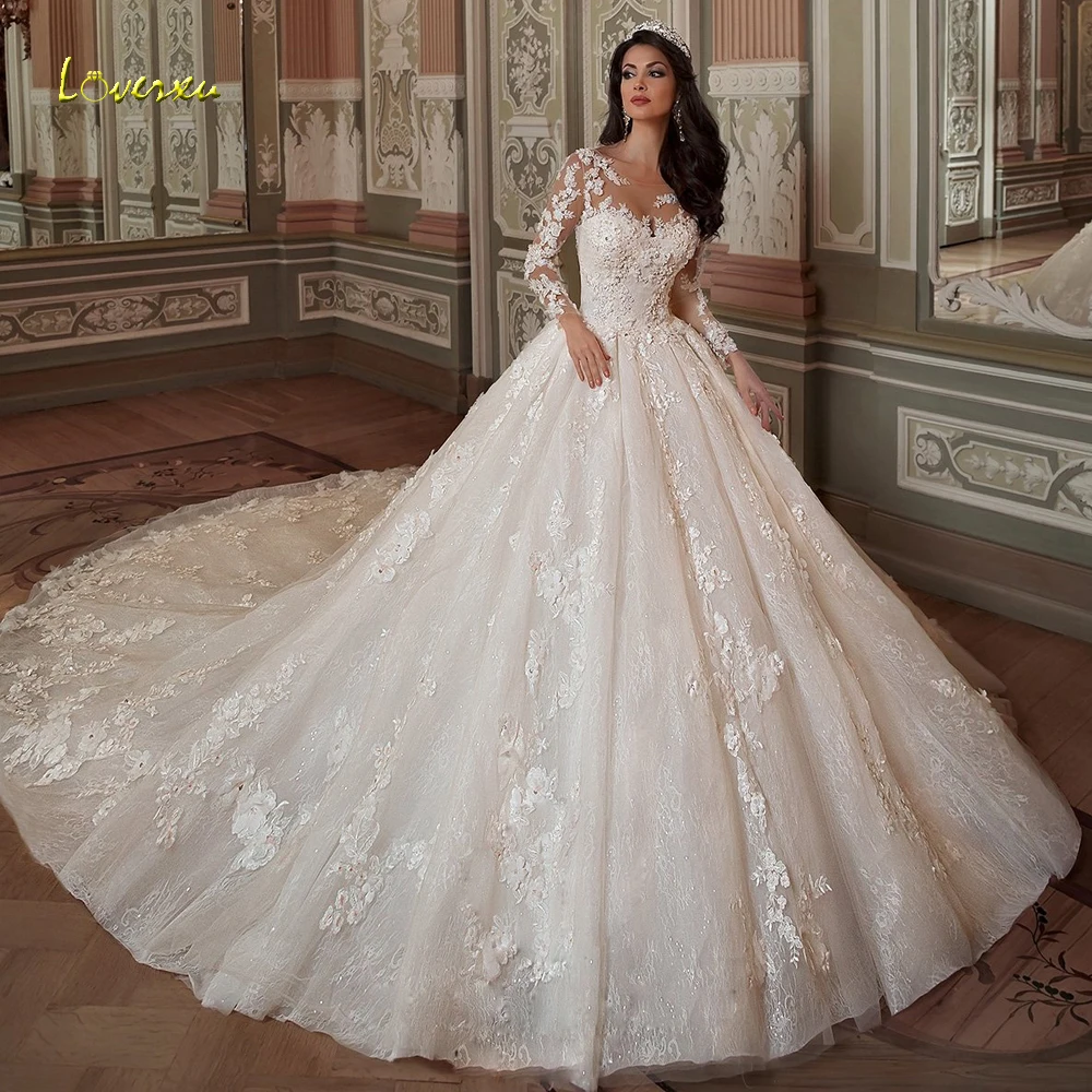 

Loverxu Sexy Backless Long Sleeve Lace Ball Gown Wedding Dresses 2023 Luxury Appliques Beaded Chapel Train Vintage Bridal Gowns