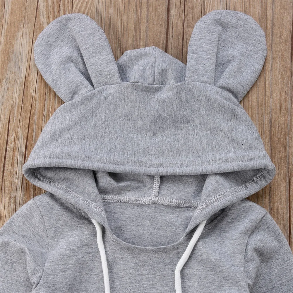 Newborn Infant Outfit Set Baby Boy Girl Hoodie Solid Rabbit Ear Hooded Sweatshirt Tops Long Pants Drawstring Autumn Tracksuits