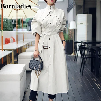 

Bornladies Spring Windbreaker Women Single-Breasted Loose A-line Trench Coat Elegant Chic Sashes Outerwear Bussiness Long Trench