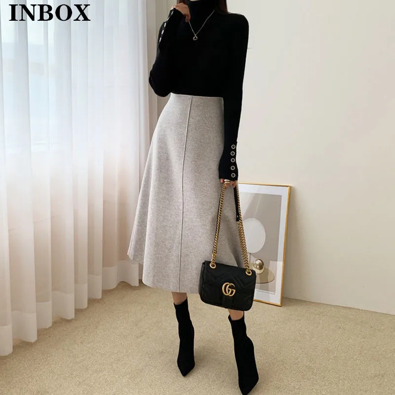 

INBOX Winter Thickened Skirt Women Elegant High Waist Midi A Line Skirts Female Korean Tweed Maxi Skirt Ladies