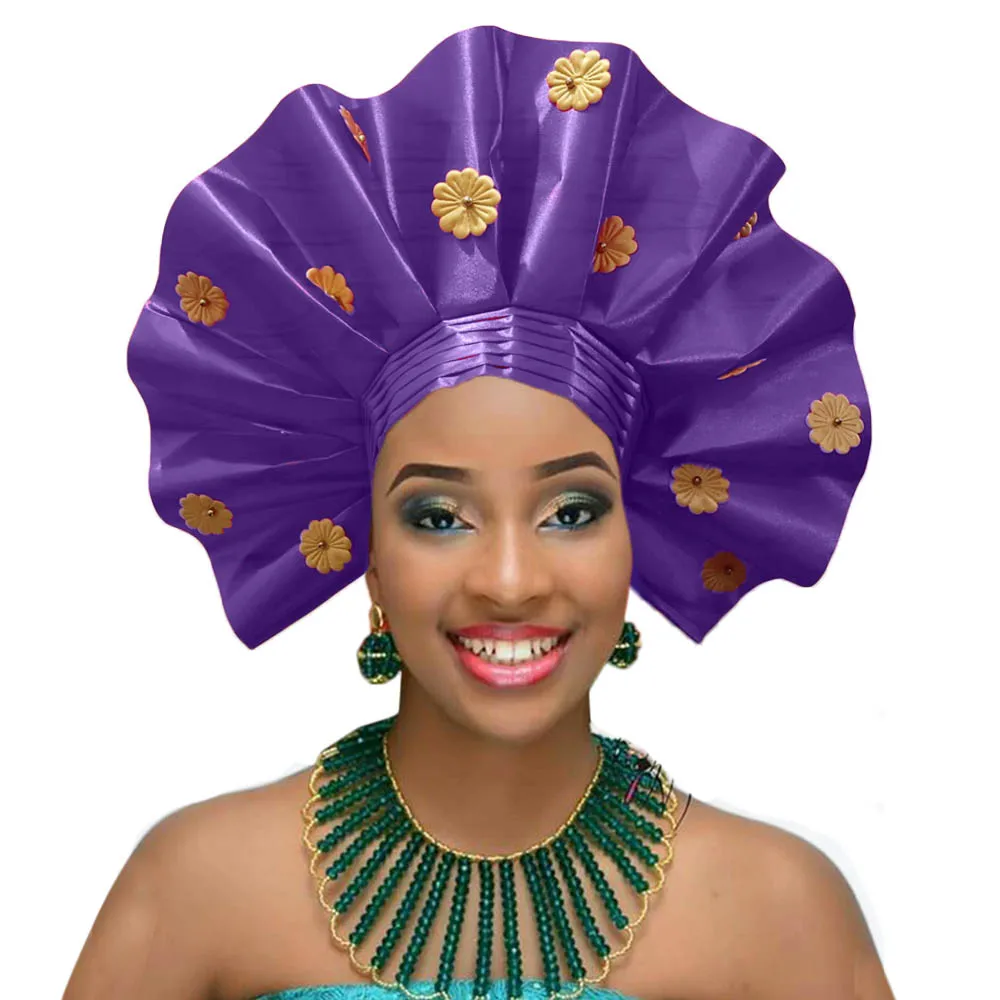 Новое поступление вентилятор тюрбан уже завязанный ASO OKE повязка на голову в африканском стиле дамские Авто геле для Свадебные и вечерние DHL - Цвет: purple