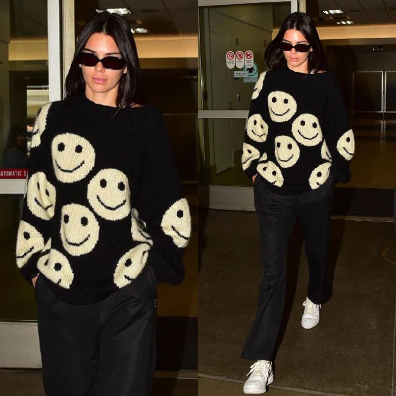 Kendall Jenner Same Style Female Fashion Smile Face Sweater Winter Casual Streetwear Tops Loose Pullover Knit Sweaters Clothes | Женская