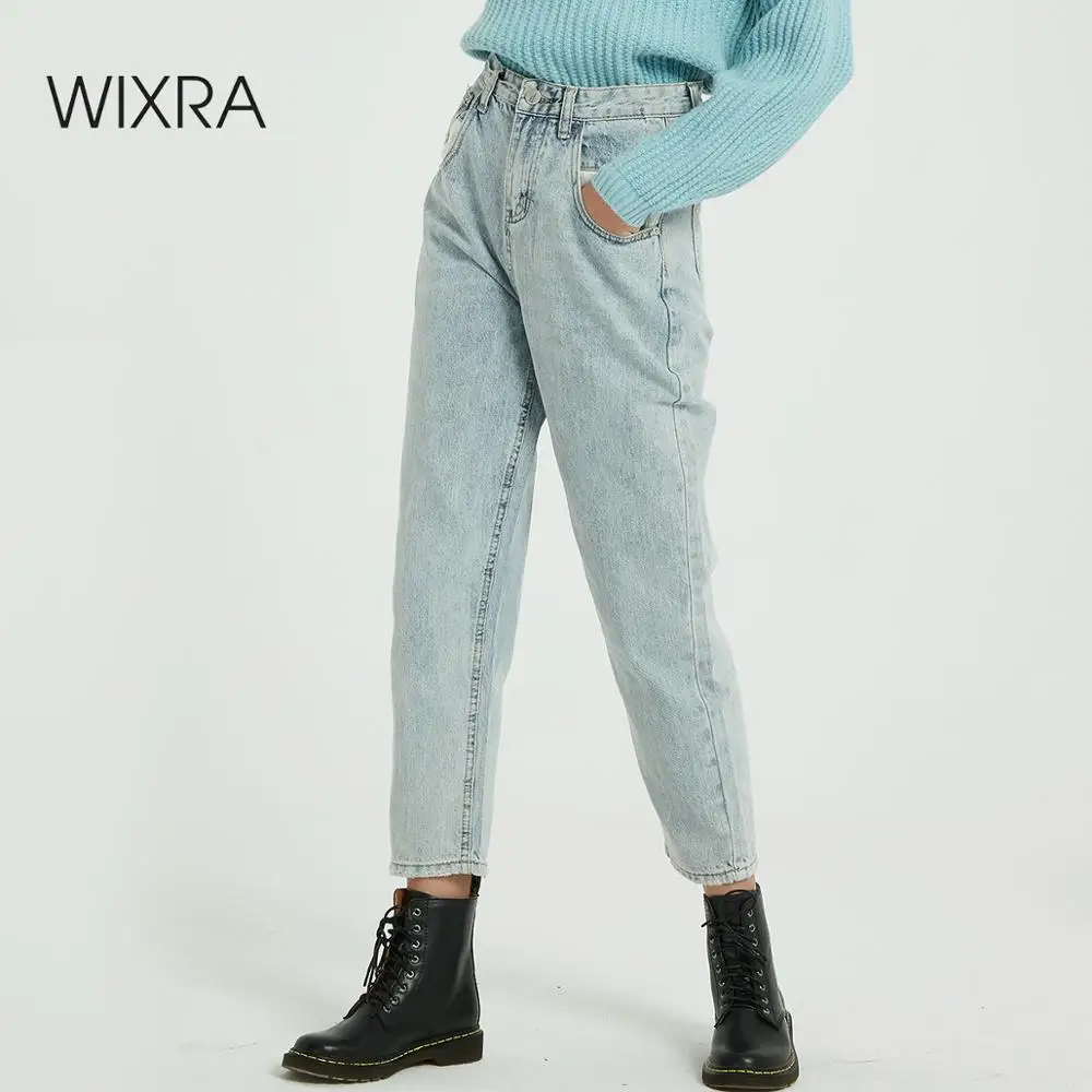 Online Wixra 2019 New Solid BF Casual Women s Denim Pants High Waist Pockets Jean Trousers Spring Autumn Ladies Jeans