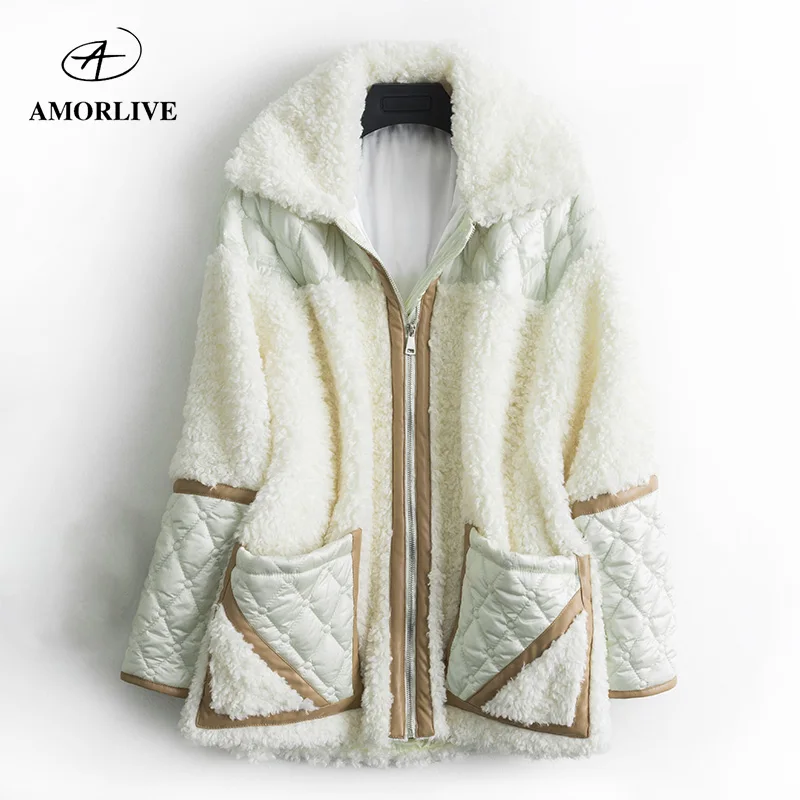 

AMOR LIVE Loose Quilted Leather Stitching Jacket For Woman White Long Woolen Coat Thick Warm Female Suit 