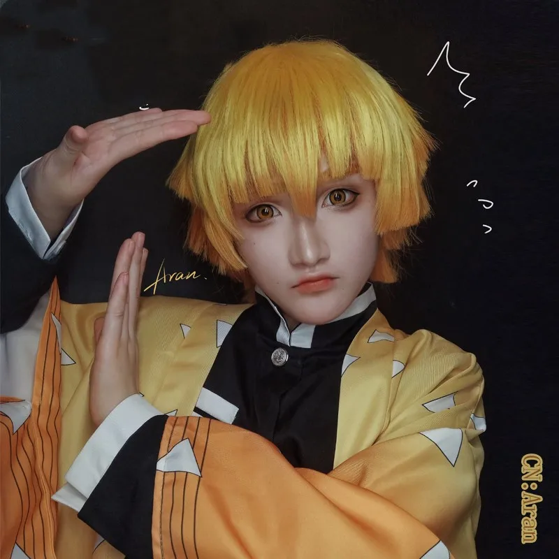 

Anime Demon Slayer Kimetsu no Yaiba Zenitsu Agatsuma Short Golden Brown Wig Heat Resistant Hair Cosplay Costume Wig + Wig Cap