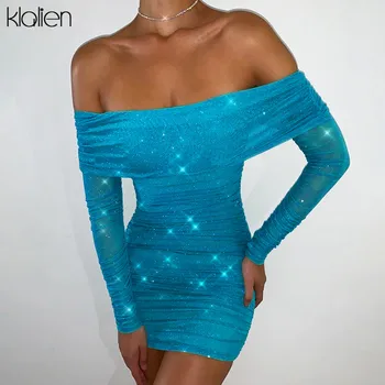 

KLALIEN brisket dresses sexy party shiny high waist mini wrinkle dress stretch Slim Soft bodycon black 2020 spring summer new