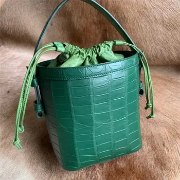 

Authentic Real Crocodile Leather Lady Mini Green Handbag Female Small Shoulder Bag Genuine Alligator Skin Women's Bucket Purse
