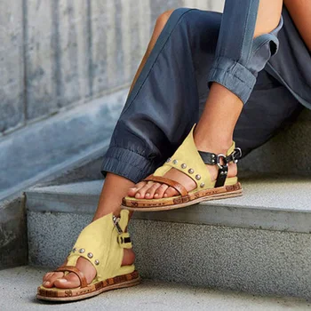 

Women Buckle Sandals Summer Ladies Metal Rome Female Vintage Flip Flops 2020 Woman Flats Women's Sewing Footwear Plus Size