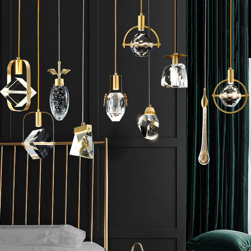 

Light luxury crystal small chandelier all copper creative bedroom bedside lamp single head dining bar small chandelier