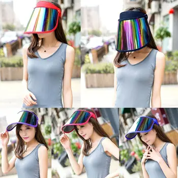 

Women Summer Empty Top Sun Visor Hat Rainbow Plastic Panel UV Protection Adjustable Angle Large Wide Brim Motorcycle Beach Cap