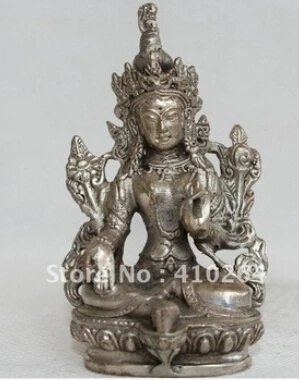 free shipping Chinese Tibet Tibetan Buddhism Silver Green Tara Goddess Bodhisattva Statue |