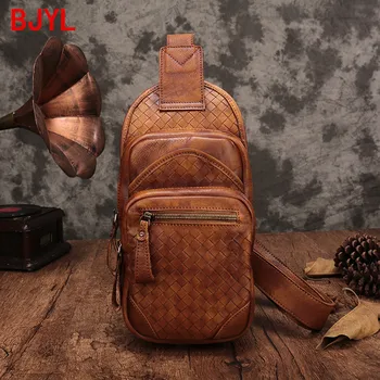 

2020 New Vintage Men's Leather Chest Bag Men Casual Woven Leather Chest Bag Male Retro Small Shoulder Messenger Bags Soft Cotton