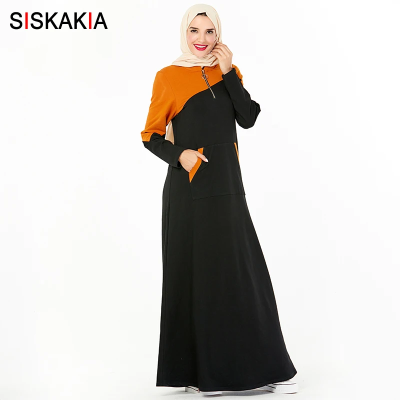 Siskakia SweatDress Autumn 2019 Fashion Hit Color Patchwork Casual Front Pocket Maxi Dresses Plus S