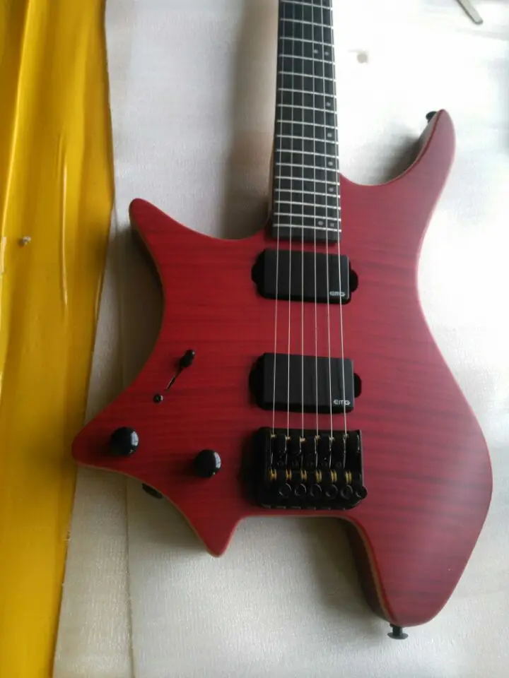 

free shipping headless electric guitar professional custom left handed red flame maple headless guitars