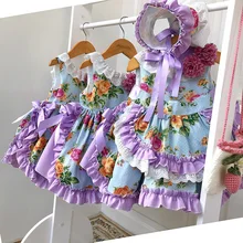 Весеннее испанское платье принцессы для девочек; платье с цветочным принтом в стиле Лолиты; Детские платья для девочек; милое праздничное платье
