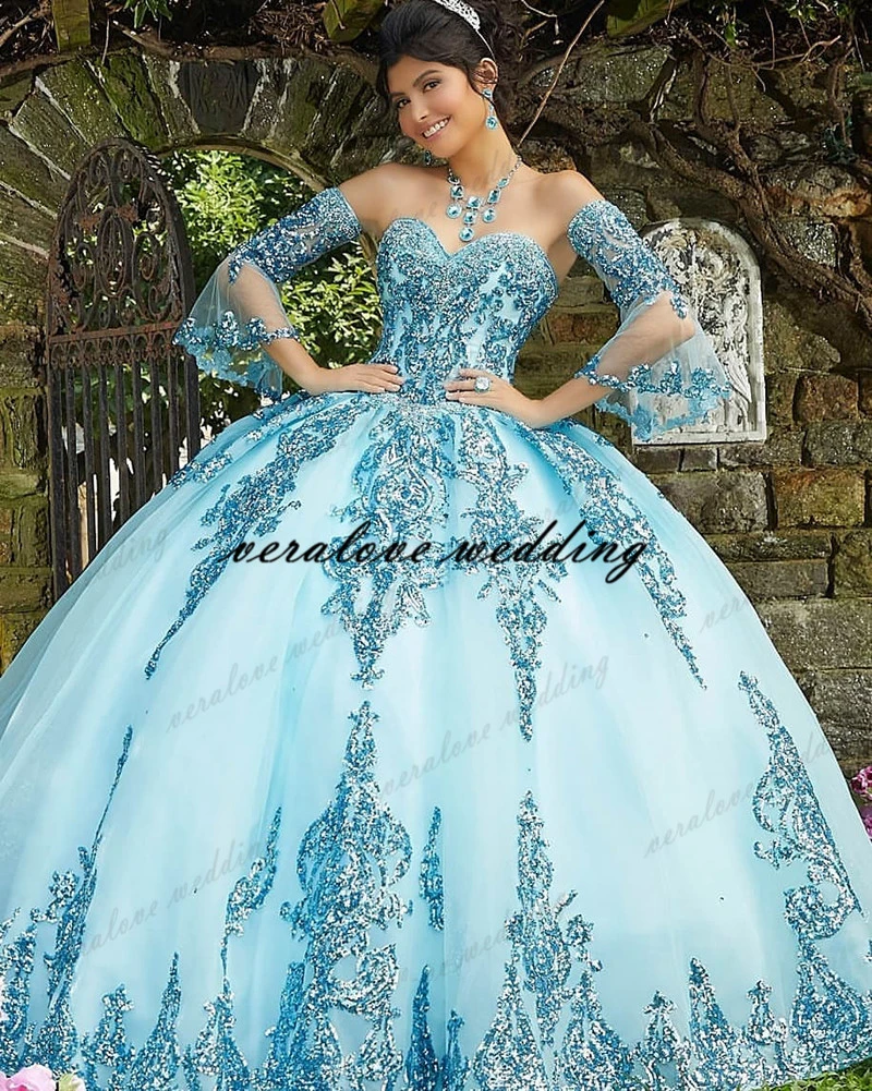 prom gowns Blue Sparkly Ball Gown Quinceanera Dresses Detachable Sleeves Sweetheart Sequines Applique Sweet 16 Dress Party Wear navy blue prom dresses