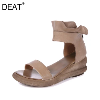 

[DEAT] 2020 New Spring Summer Round Toe Shallow Zipper Ruffles Genuine Leather Wedges Sandals For Women Shoes Fashion 10G307