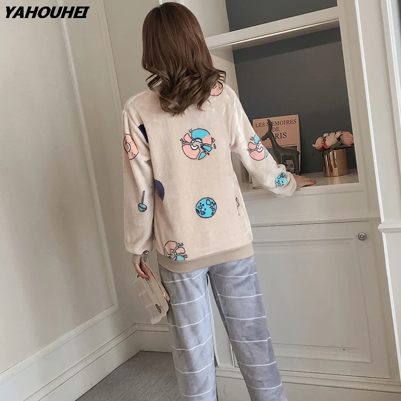 

2019 Winter Thick Warm Flannel Pajama Set Women Long Sleeve Coral Velvet Pyjama Girl Cute Print Sleepwear Suit Homewear Clothing