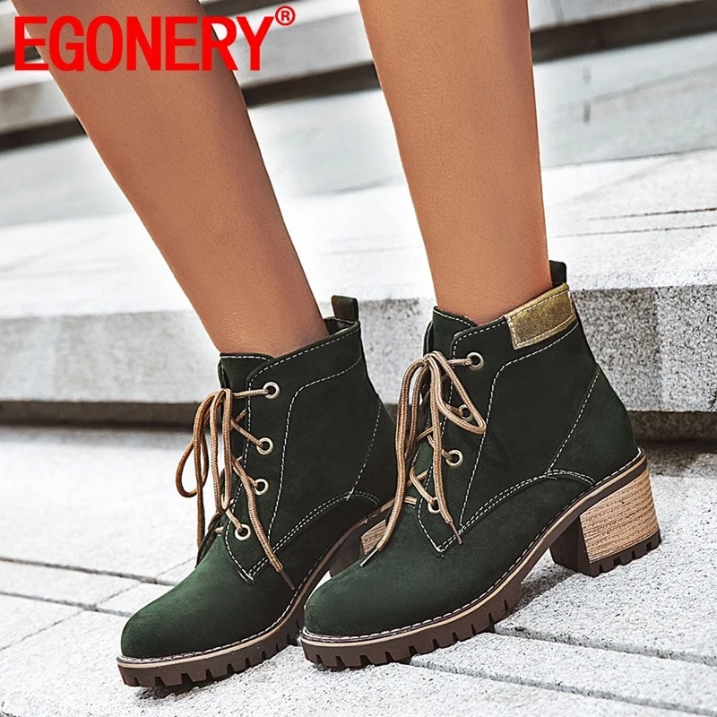 

EGONERY winter warm new concise ankle boots high heels platform cross-tied plus size round toe flock women shoes drop shipping