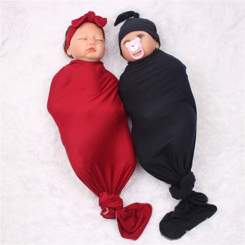 3 Pcs Cotton Baby Blanket+Headband+Hat Set Newborn Swaddle Wrap Toddler Receiving Blanket Infant Beanie Cap Bonnet Hairband Kit duvet insert