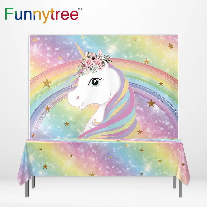 

Funnytree birthday party banner photo background Rainbow unicorn glitter bokeh stars backdrop baby shower tablecloth photophone