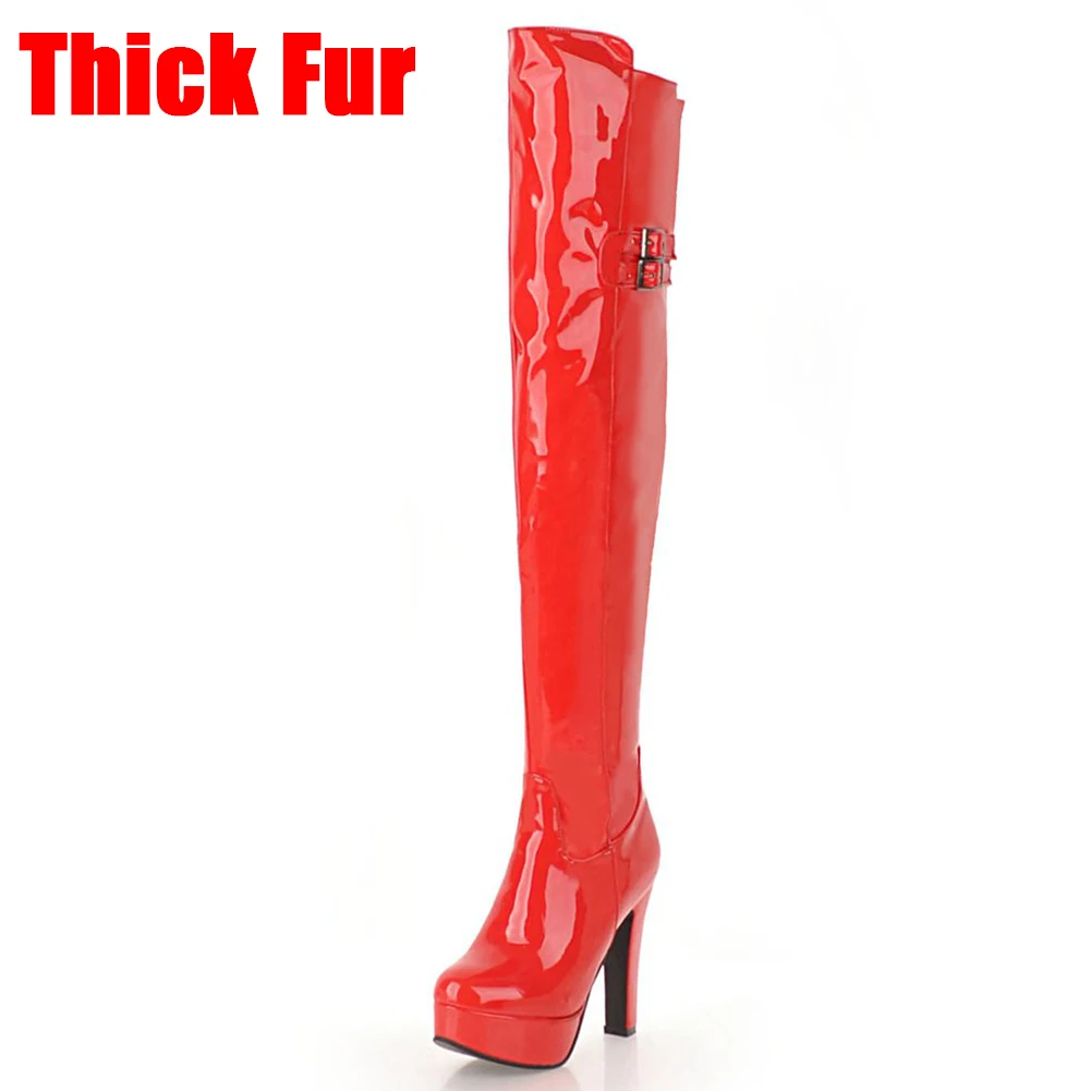 KARINLUNA Plus Size 34-48 Party Over The Knee Boots Lady Fashion Patent Pu Thigh High Boots Women High Heels Shoes Woman - Цвет: red 1 thick fur