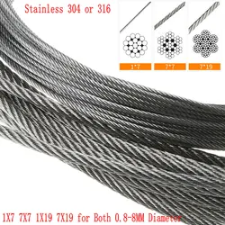 Novo 10m 304 ou 316 de aço inoxidável fio corda 7 × 7 1x7 7x19 1x19 cabo de elevação 0.8 8mm diâmetro
