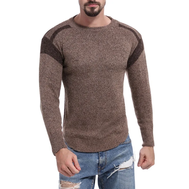 light brown B Модный мужской вязаный свитер с круглым вырезом и длинным рукавом в стиле пэчворк, Повседневный пуловер, Осенние вязаные свитера, мягкие Пуловеры для мужчин - Цвет: light brown B