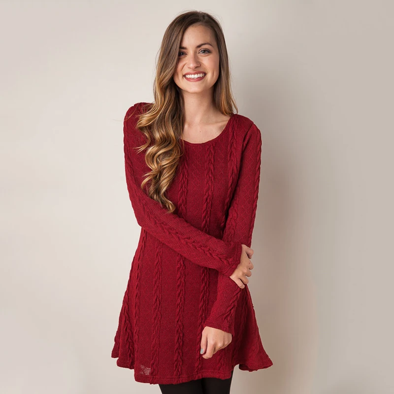 

NORMOV Autumn Winter Women Dress Solid Warm O Neck Long Sleeve A Line Knitted Cotton Dresses Casual Mini Dress