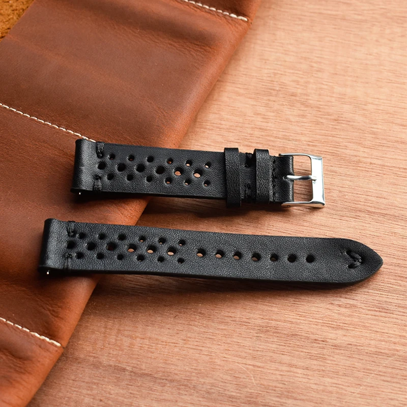 Handcrafted Genuine Leather Brown Porous Breathable Watchstrap with Detailed Stitching