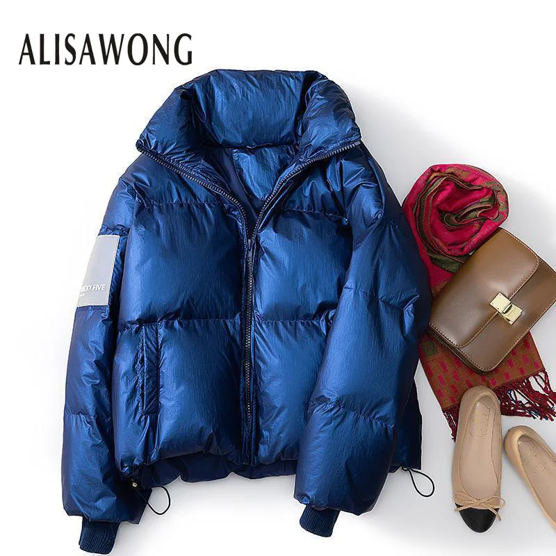 

fashion Bright down jacket female long sleeve thickening warm snow parkas cloak short white duck down coat women outerwear mujer