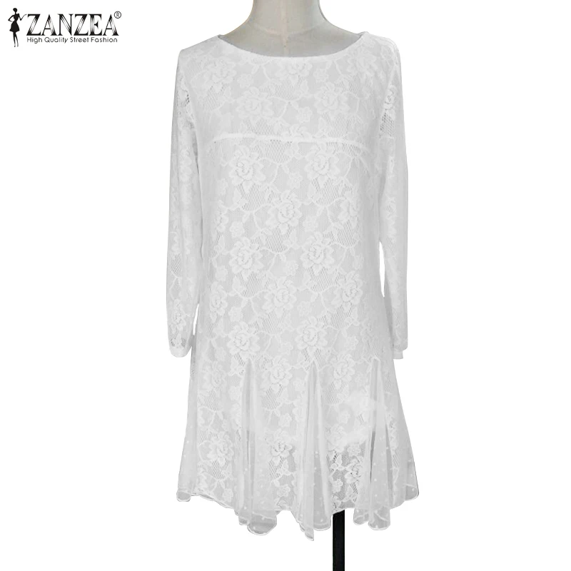  ZANZEA 2020 Women Long Sleeve Lace Crochet Blouse Spring O Neck Hollow Out Tops Black Blusas Ruffle