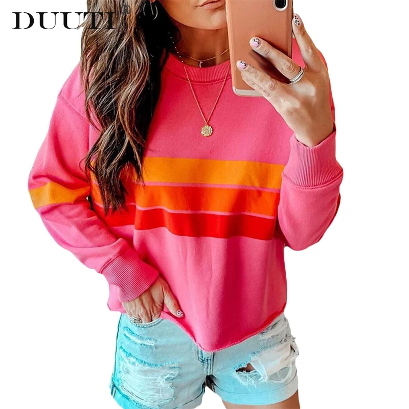 

Fashion Women Sweatshirt Contrast Rainbow Striped Round neck Clothing Autumn Lady Colorblock Tricot Femme Pullover D30